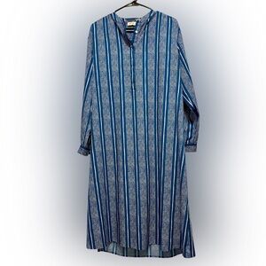 Riva blue pattern button kaftan Ls shirt dress Sz L